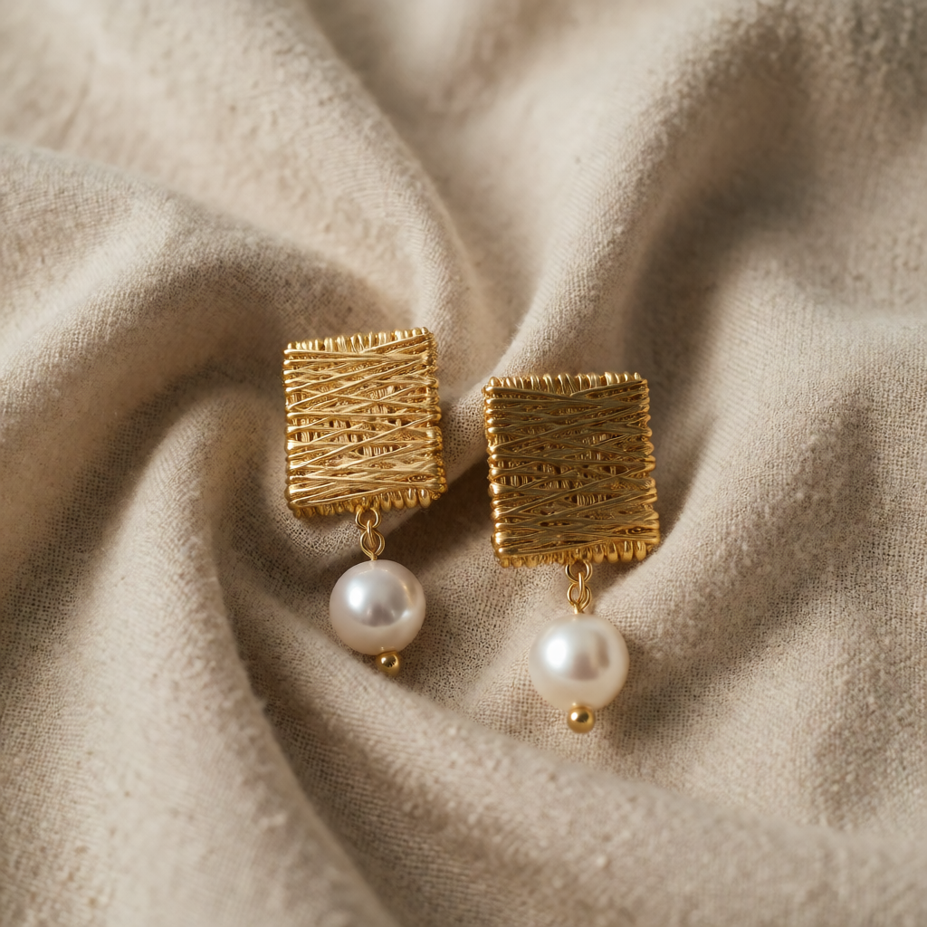 Gold Drop Earrings Cara with Woven Square and Pearl