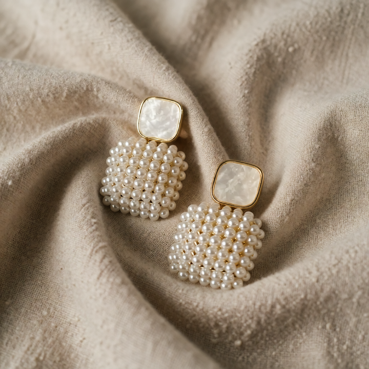 Gold Drop Earrings with Mother-of-Pearl and Pearls