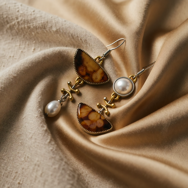Gold & Silver Drop Earrings with Amber Stones and Pearl