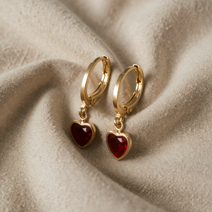 Gold Drop Earrings Dervla with Red Heart