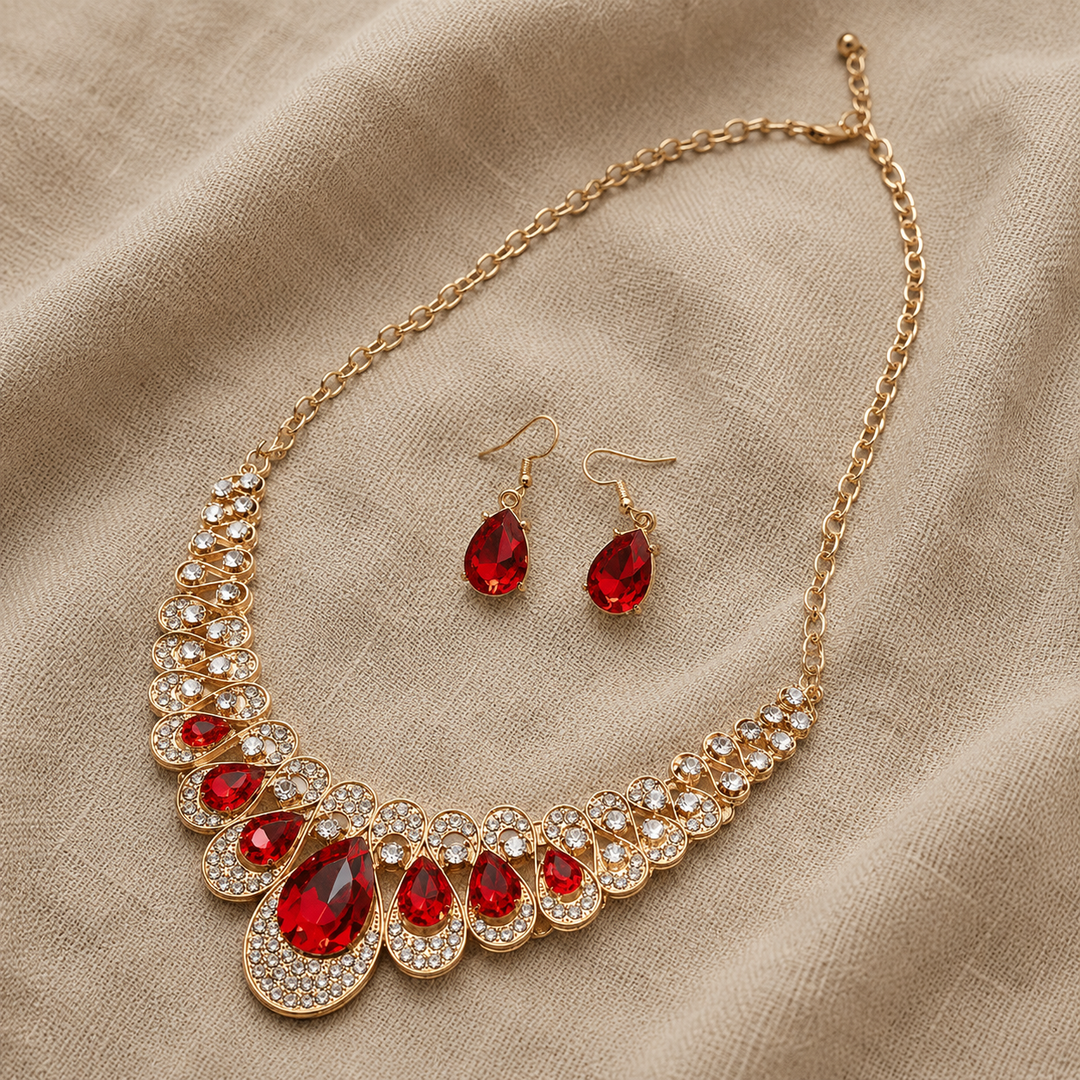 Gold Statement Necklace with Red Teardrop Crystals