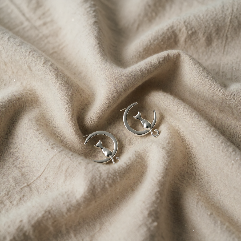 Sterling Silver Stud Earrings with Cat and Crescent Moon