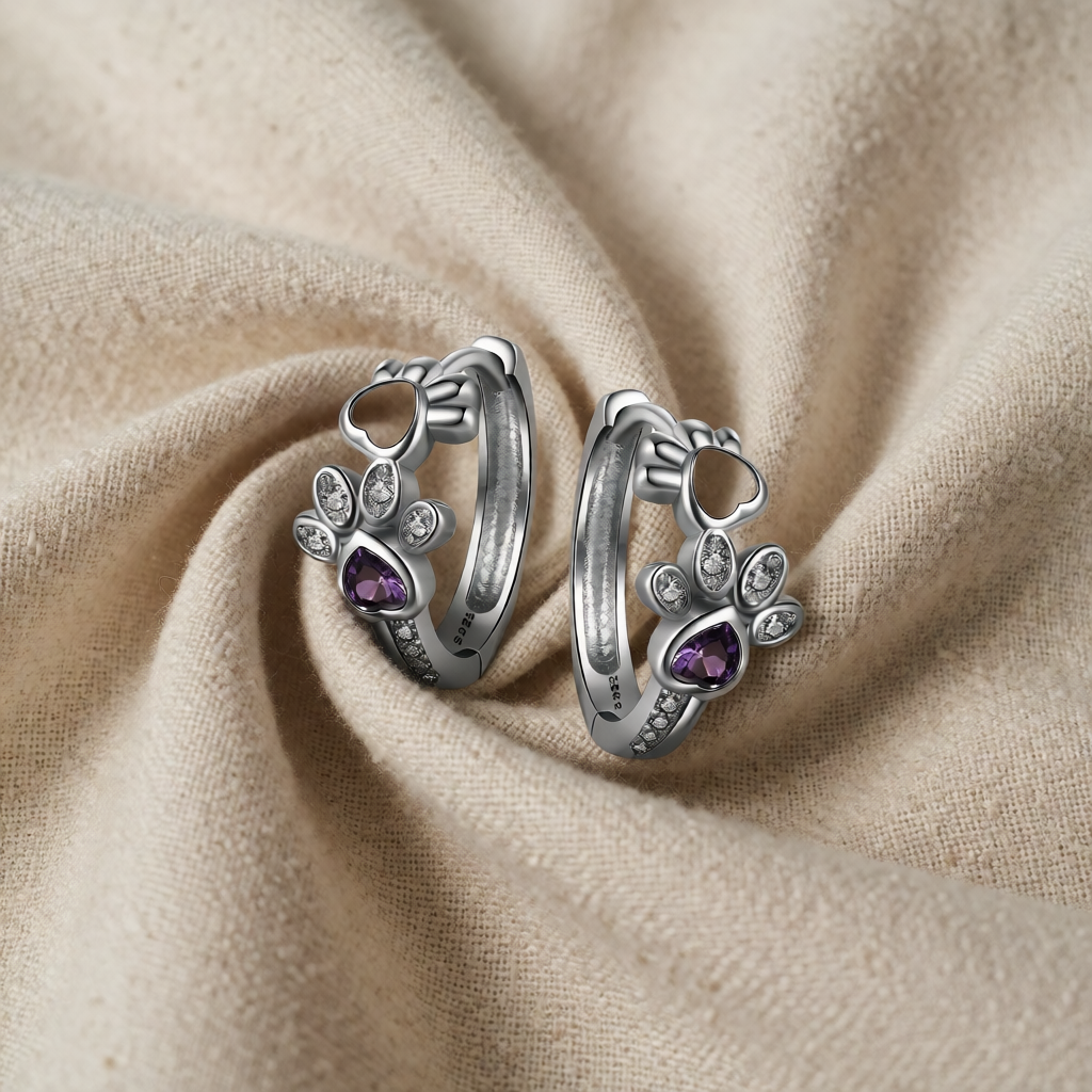 Sterling Silver Huggie Earrings with Paw and Amethyst Heart