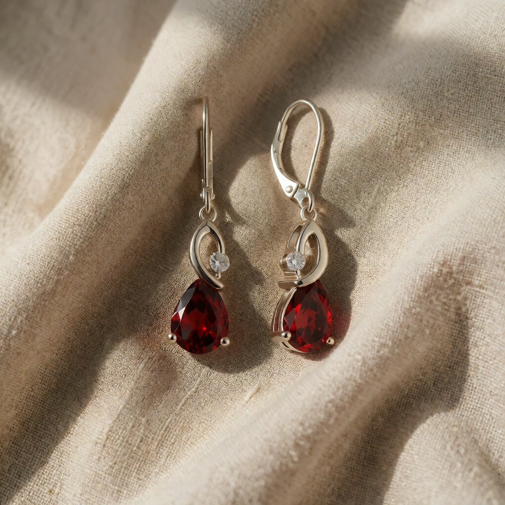 Silver Drop Earrings Sinéad with Ruby Teardrop