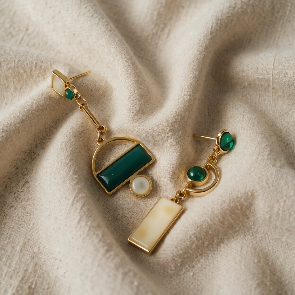 Gold Drop Earrings Bríd with Green Stones & Pearl