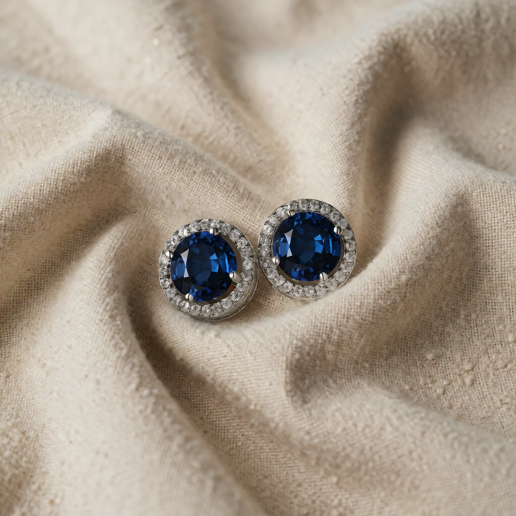 Silver Stud Earrings Fiadh with Sapphire Halo