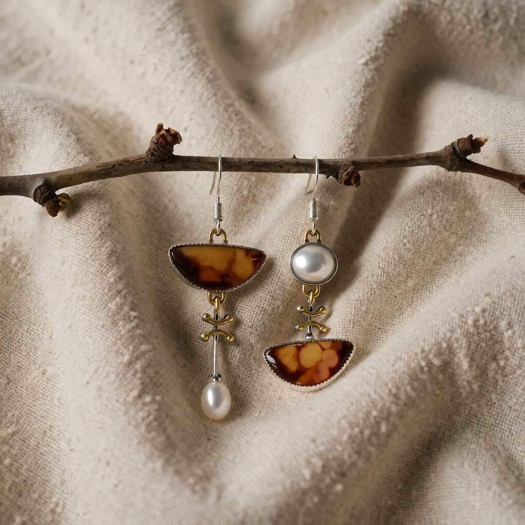 Silver & Gold Drop Earrings with Amber Stone and Pearl
