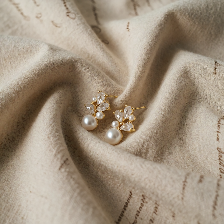 Gold Stud Earrings Eithne with Pearls and Crystals