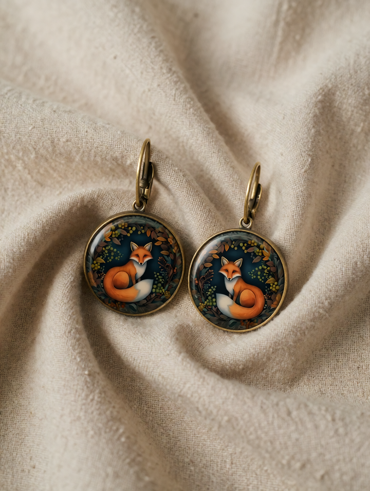 Antique Gold Drop Earrings Ailbhe with Fox Motif