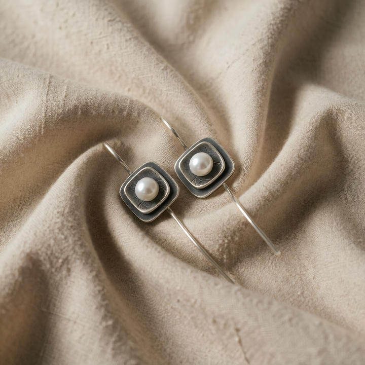 Silver Drop Earrings with Pearl and Square Frame