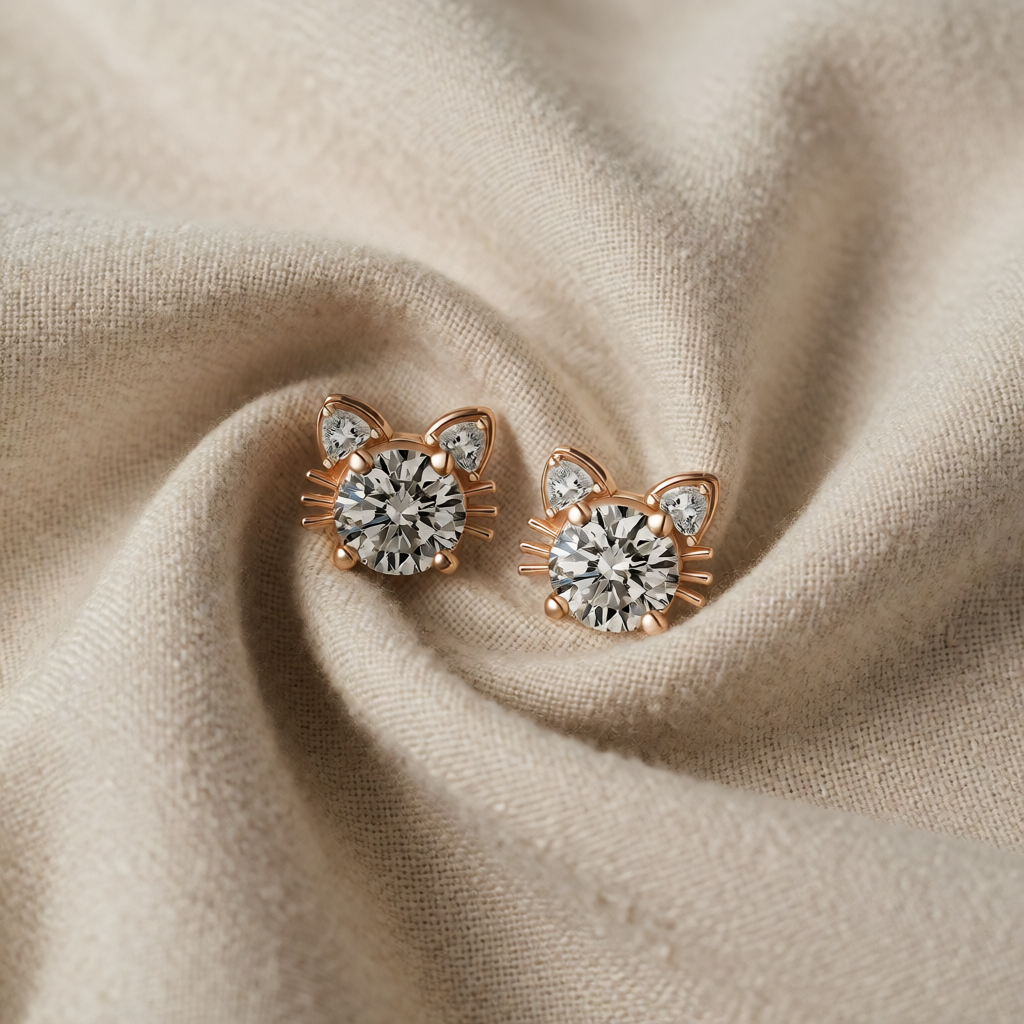 Rose Gold Stud Earrings with Crystal Cat Motif