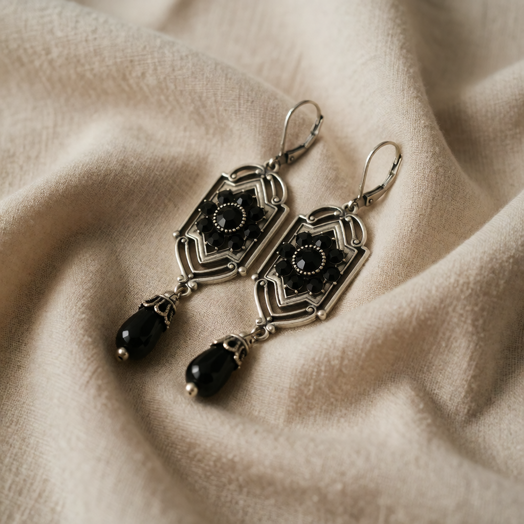 Silver Drop Earrings Cong with Black Crystals