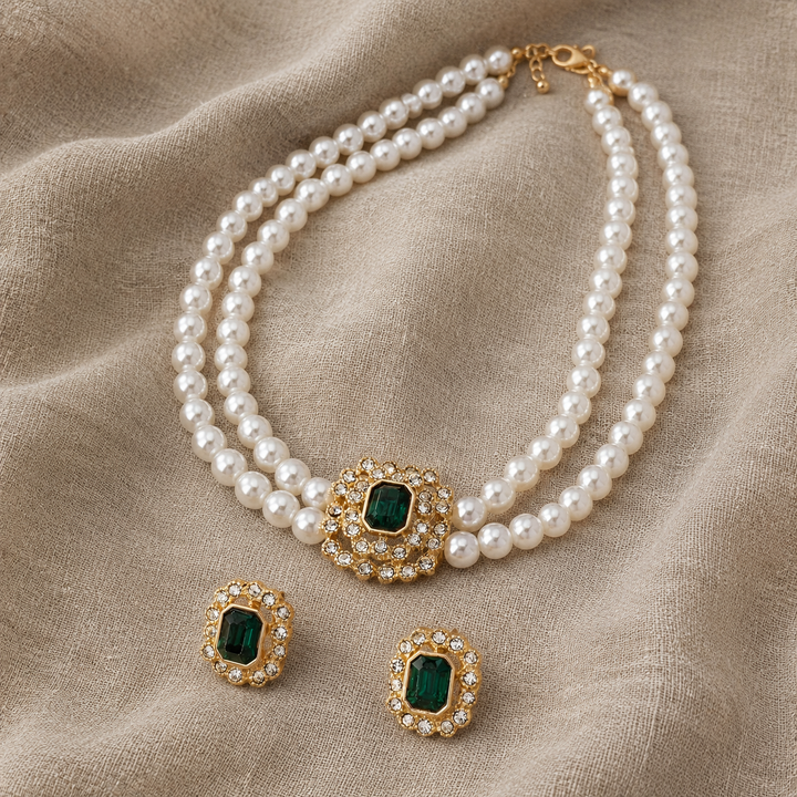 Pearl Necklace and Earrings Set with Emerald and Zirconia