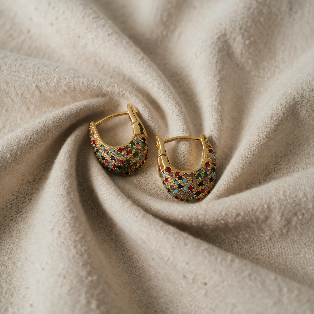 Gold Huggie Earrings Aisling with Multicolour Crystals