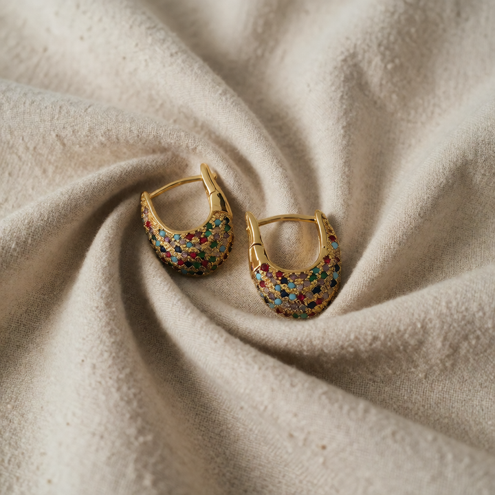 Gold Huggie Earrings Aisling with Multicolour Crystals