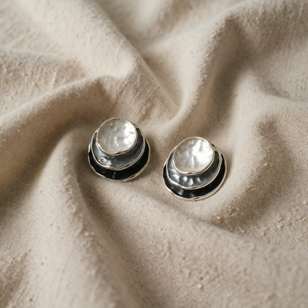 Silver Stud Earrings Adare with Black and White Layers