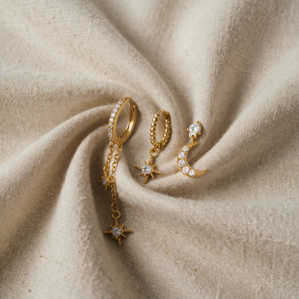 Gold Celestial Drop Earrings Aoife with Star and Moon