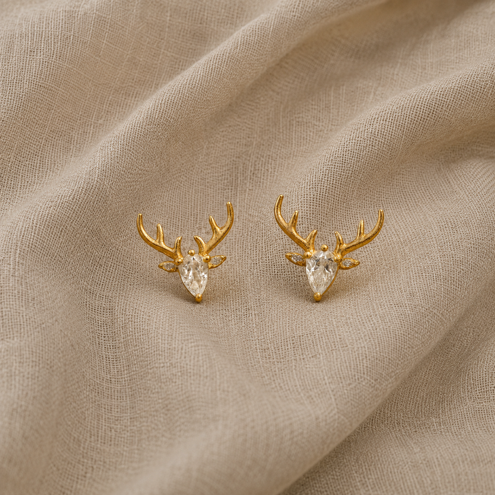Gold Stud Earrings with Antler Motif and Zirconia