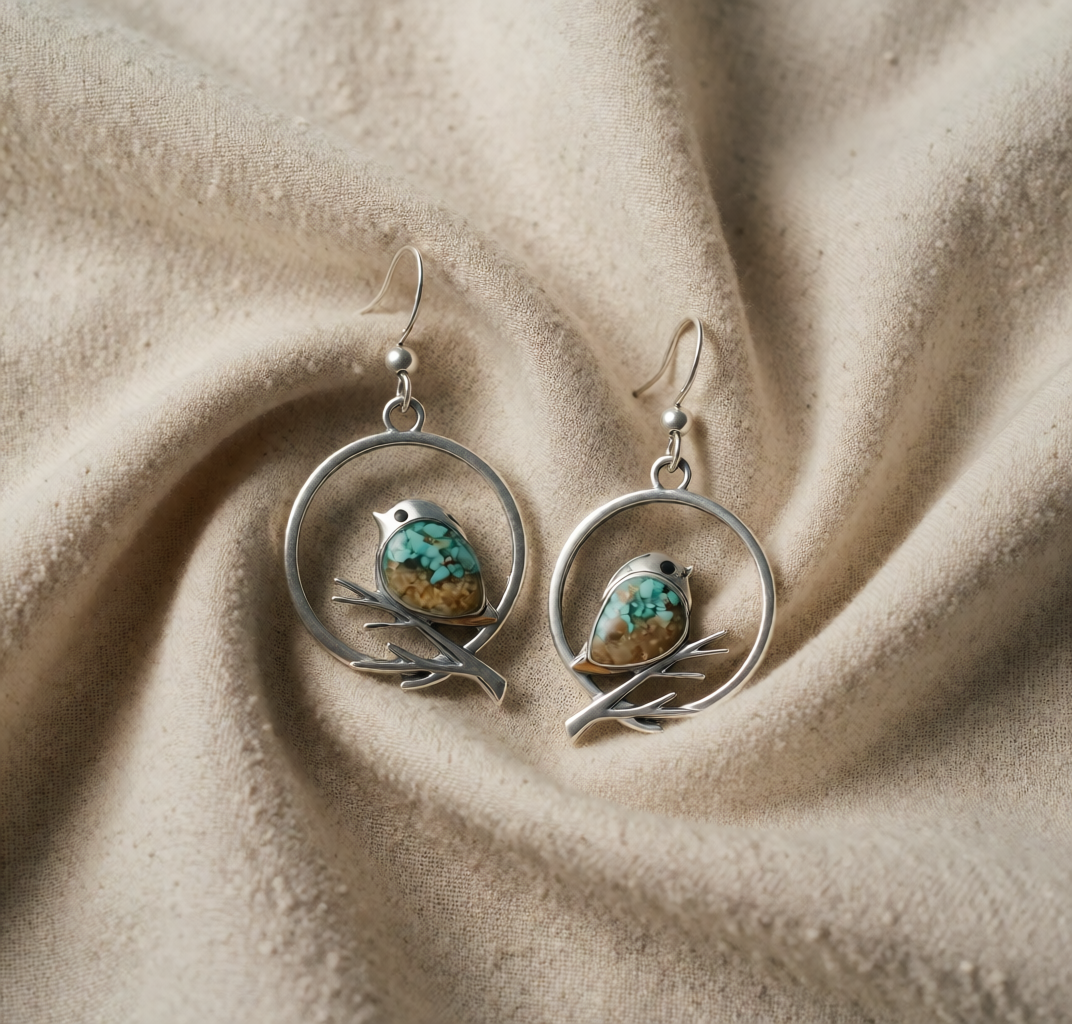 Silver Drop Earrings with Turquoise Bird on a Branch