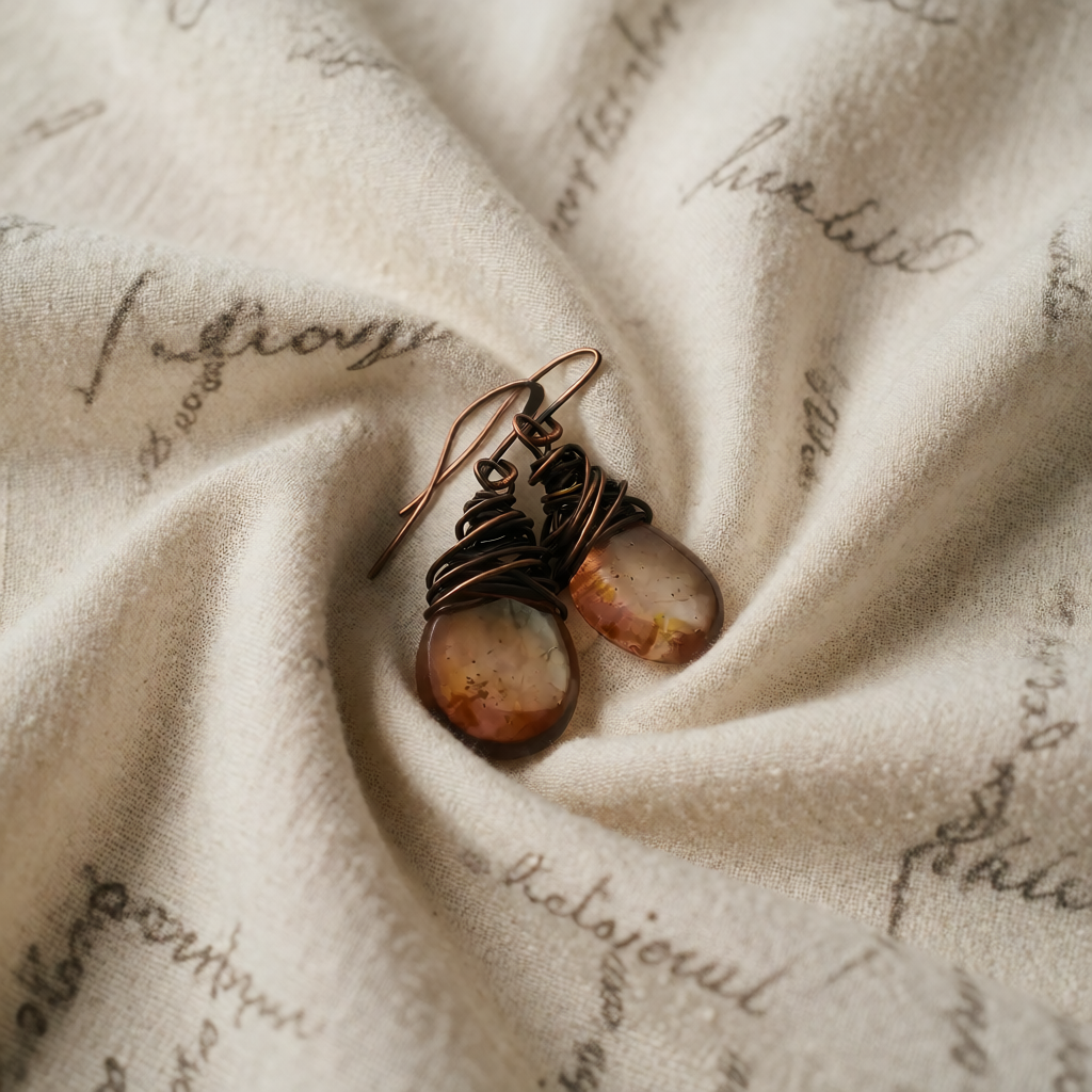 Antique Gold Drop Earrings with Agate Teardrops