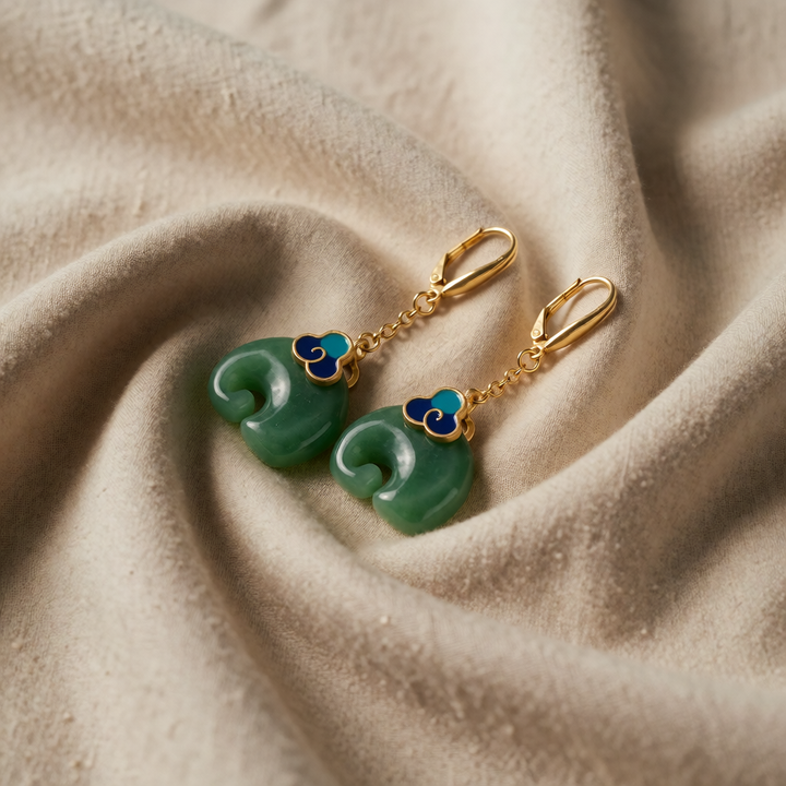 Gold Drop Earrings Clifden with Green Elephant