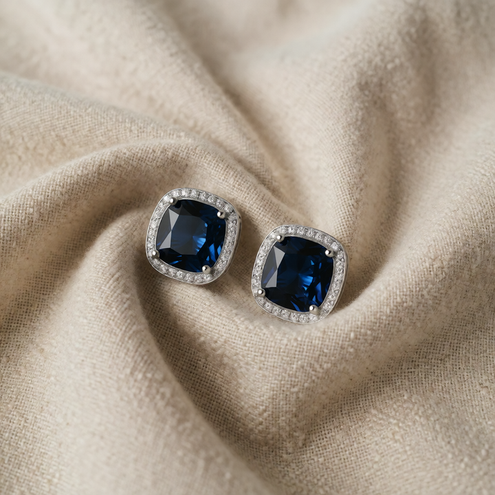 Silver Stud Earrings with Sapphire and Crystal Halo