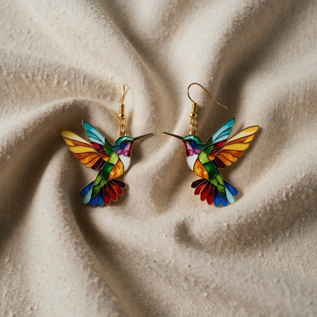 Gold Drop Earrings Fiadh with Hummingbird Motif