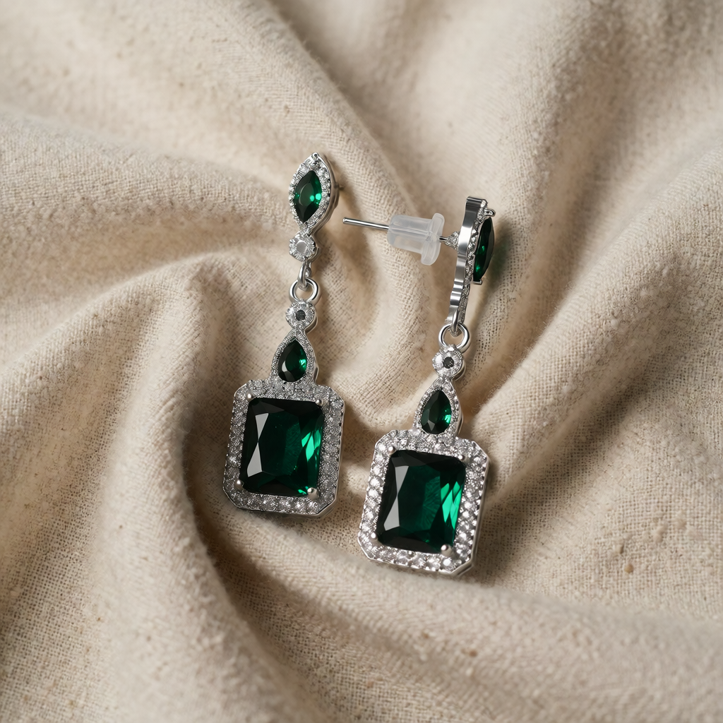 Silver Drop Earrings Maeve with Emerald