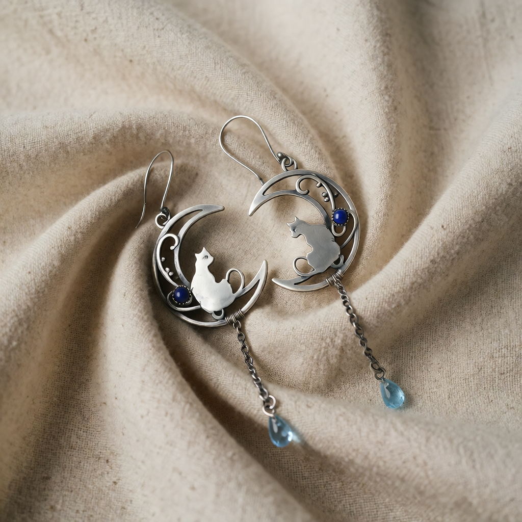 Silver Drop Earrings with Cat and Crescent Moon Motif