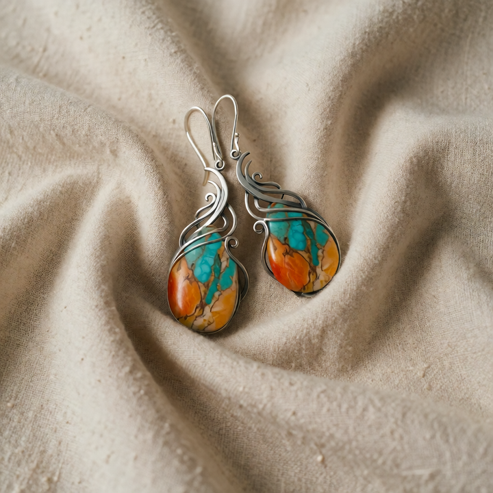 Silver Drop Earrings with Turquoise and Orange Stone