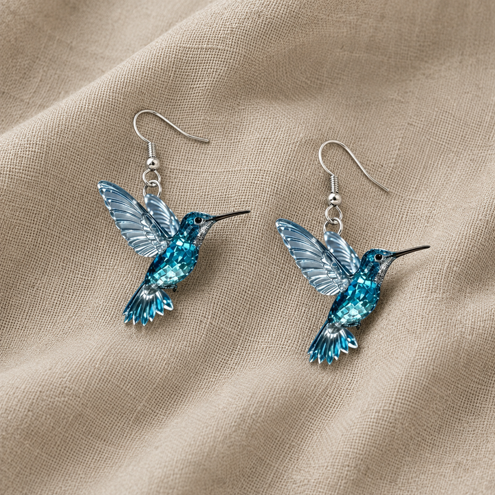 Silver Drop Earrings with Blue Crystal Hummingbird