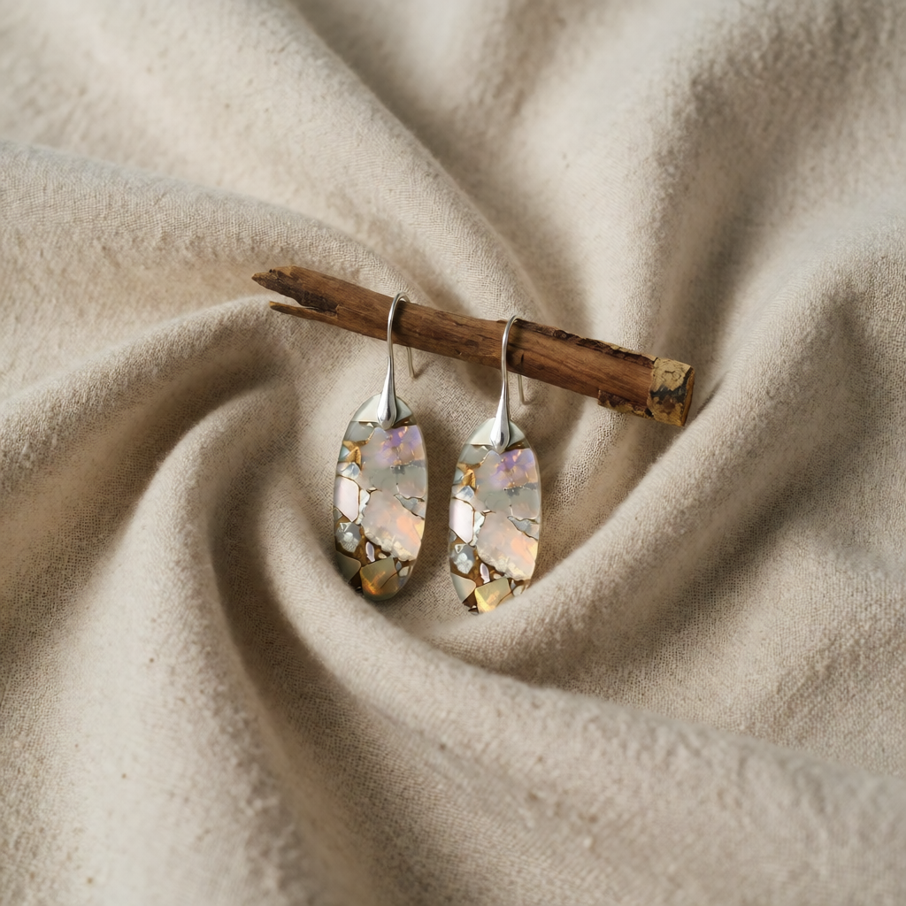 Silver Drop Earrings Galway with Opal Mosaic
