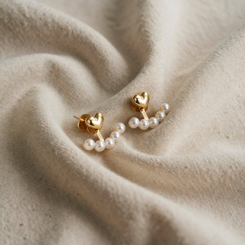 Gold Stud Earrings Riona with Heart and Pearls