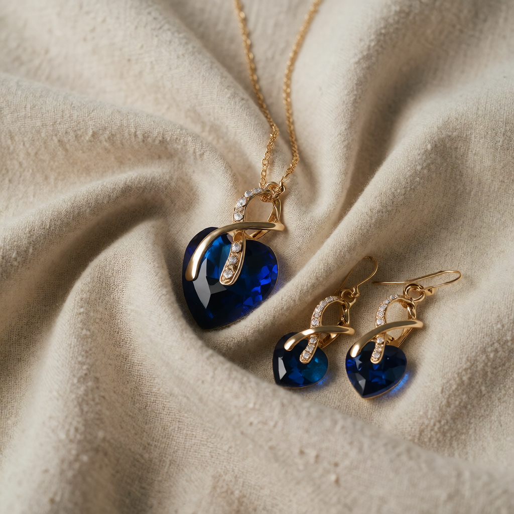 Gold Necklace Set Neasa with Blue Sapphire Hearts