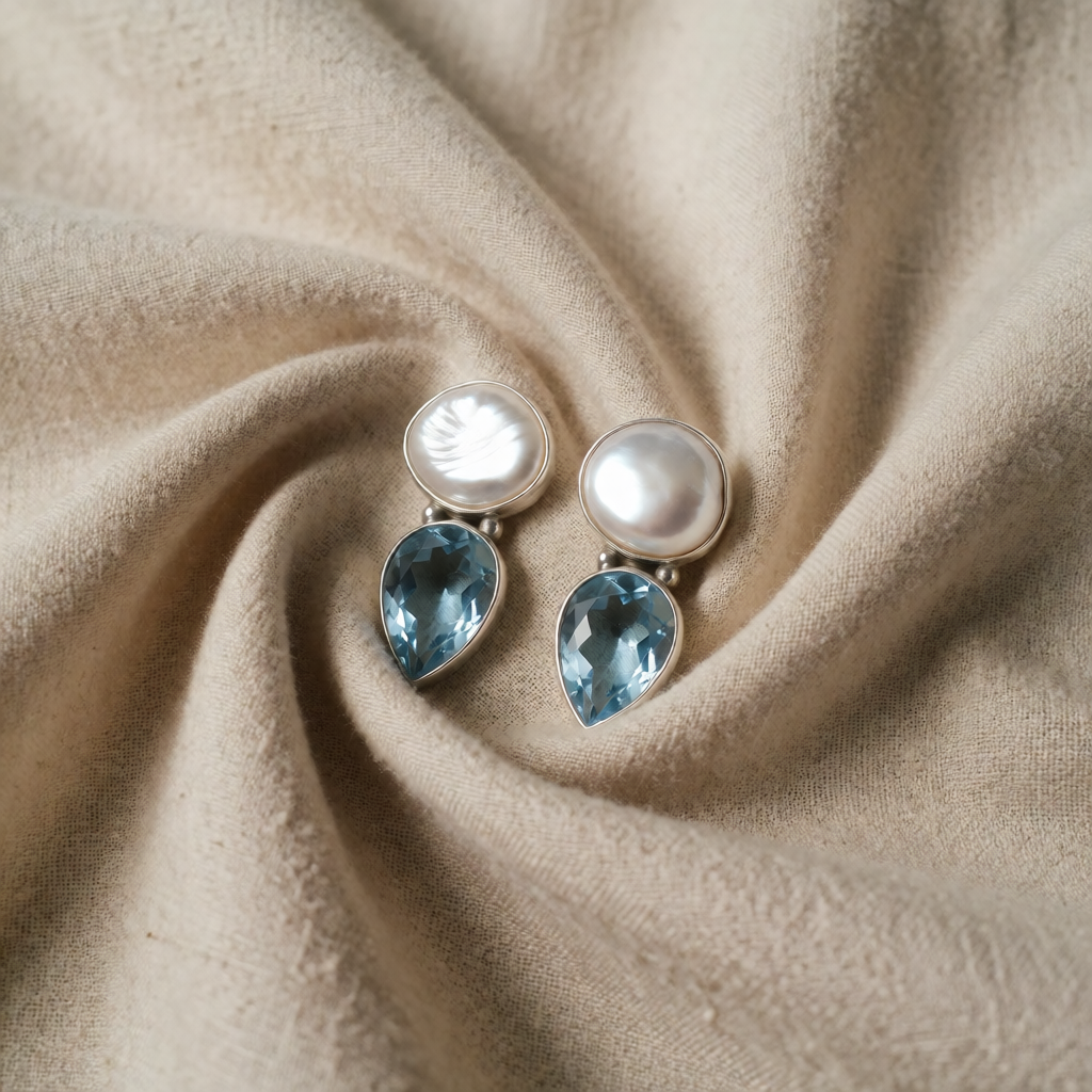 Silver Drop Earrings Bríd with Pearl and Blue Topaz