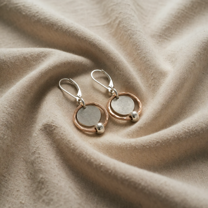Rose Gold & Silver Drop Earrings with Hammered Disc