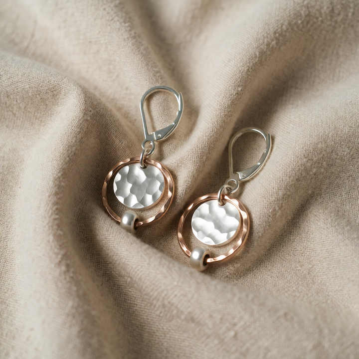 Rose Gold & Silver Drop Earrings with Pearl Accent