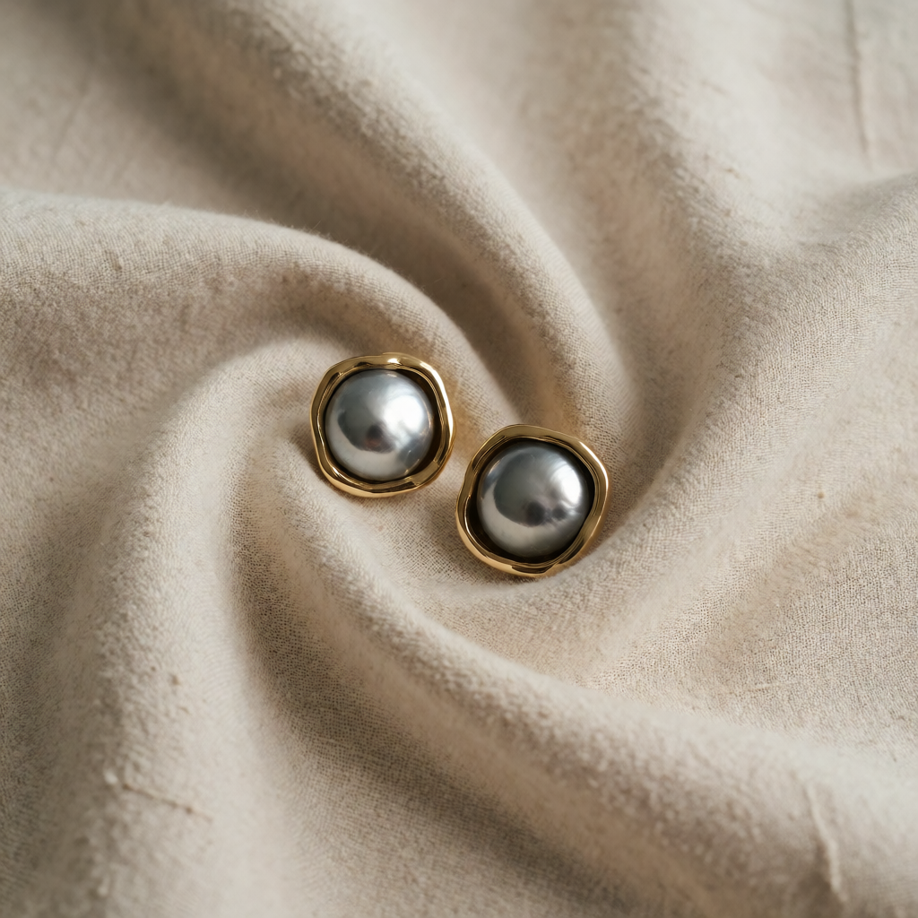 Gold Stud Earrings Sorcha with Grey Pearls