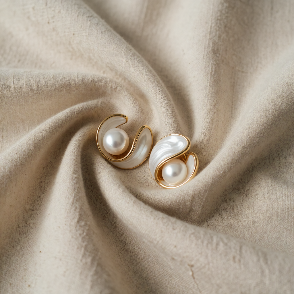 Gold Stud Earrings Niamh with Pearl and Opal Swirl