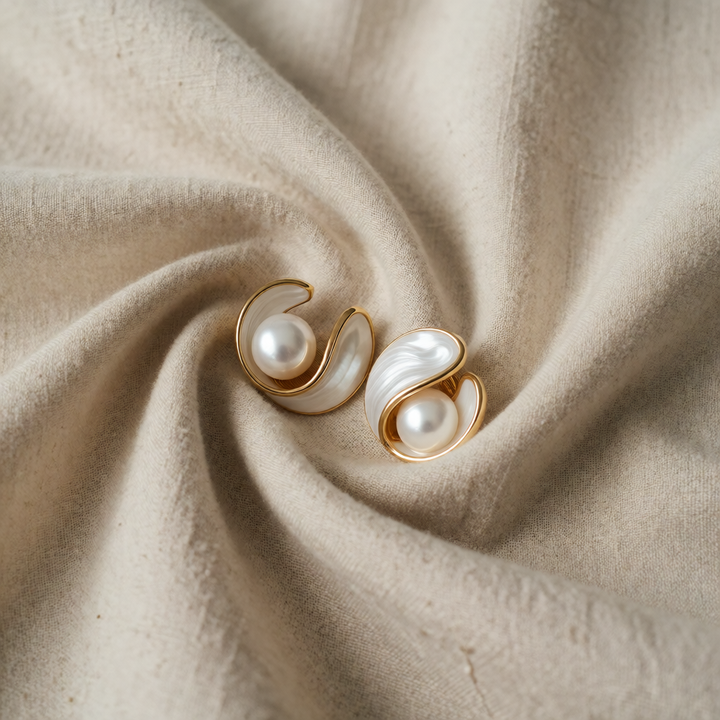 Gold Stud Earrings Niamh with Pearl and Opal Swirl
