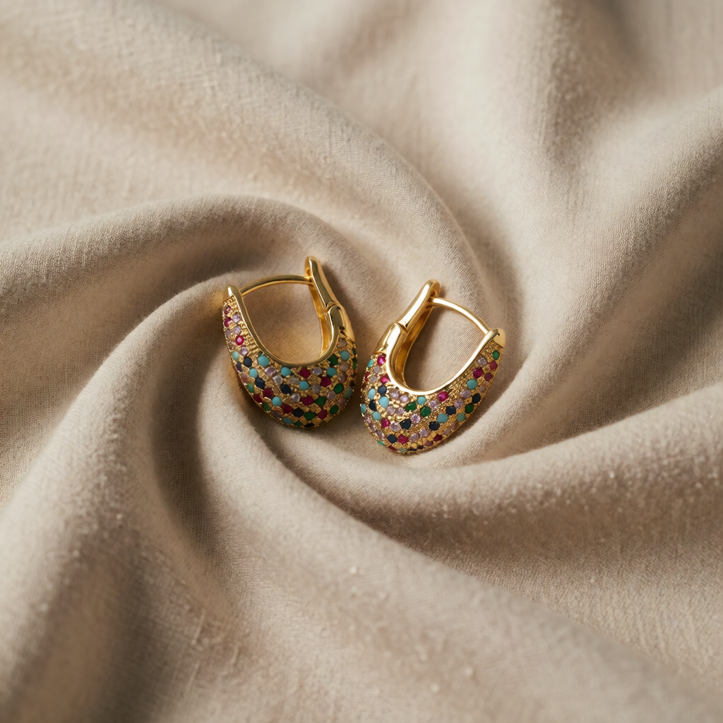 Gold Huggie Earrings Westport with Multicolour Crystals