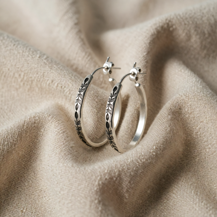 Silver Hoop Earrings Westport with Floral Engraving