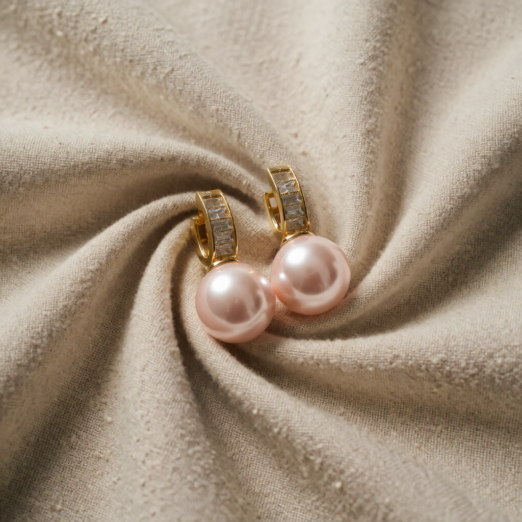 Gold Huggie Earrings Bríd with Pink Pearl