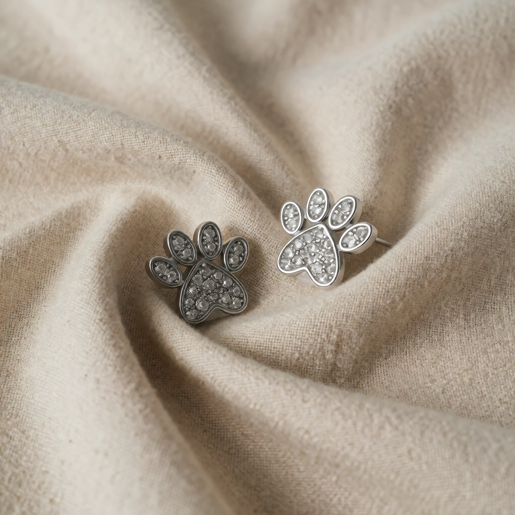 Silver Stud Earrings with Paw Print and Zirconia