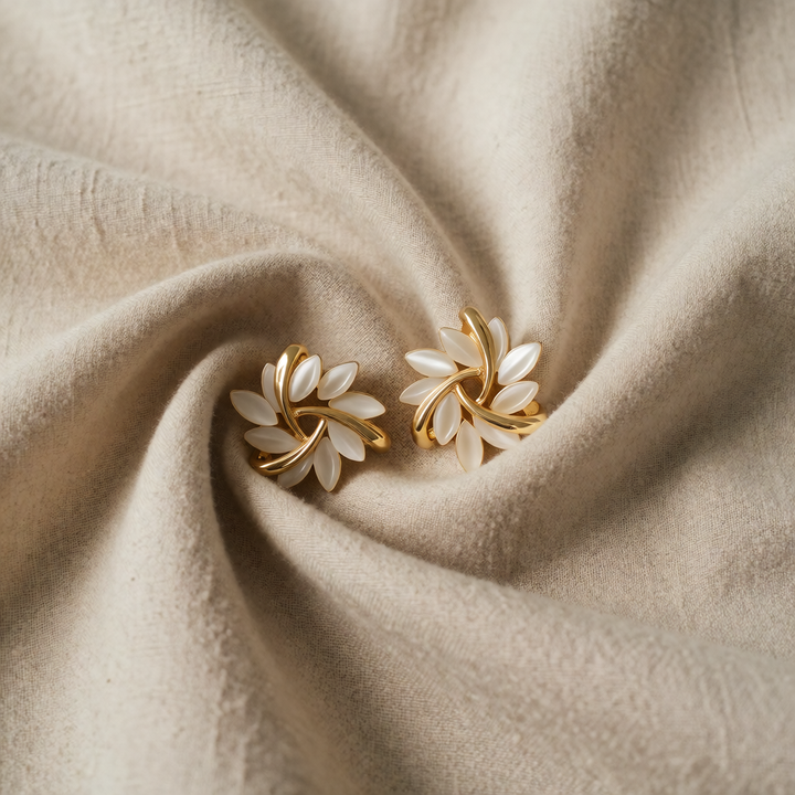 Gold Stud Earrings Deirbhile with White Opal Blooms