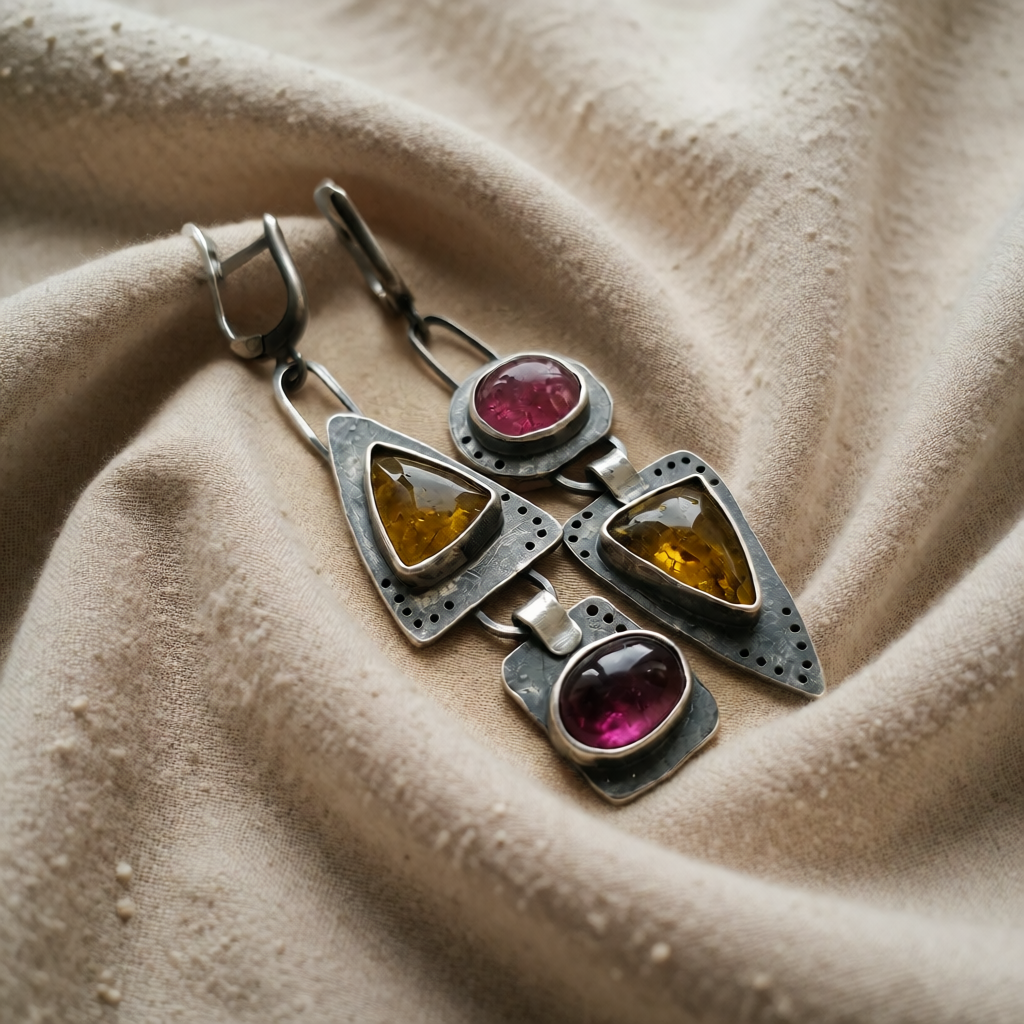 Silver Drop Earrings with Pink and Citrine Stones