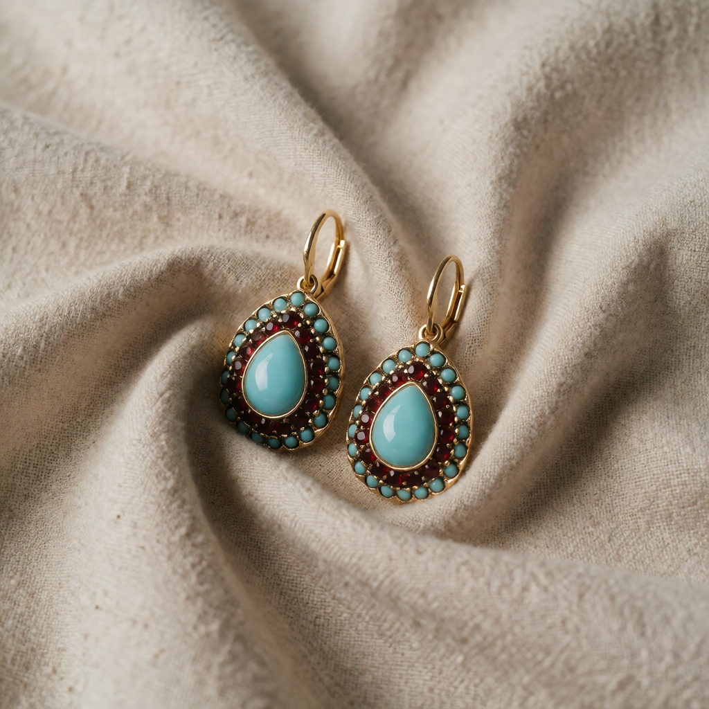 Gold Drop Earrings Sinéad with Turquoise and Red Stones