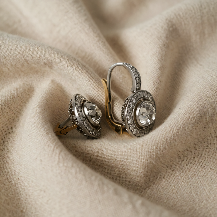 Gold & Silver Drop Earrings Cong with Crystal Halo
