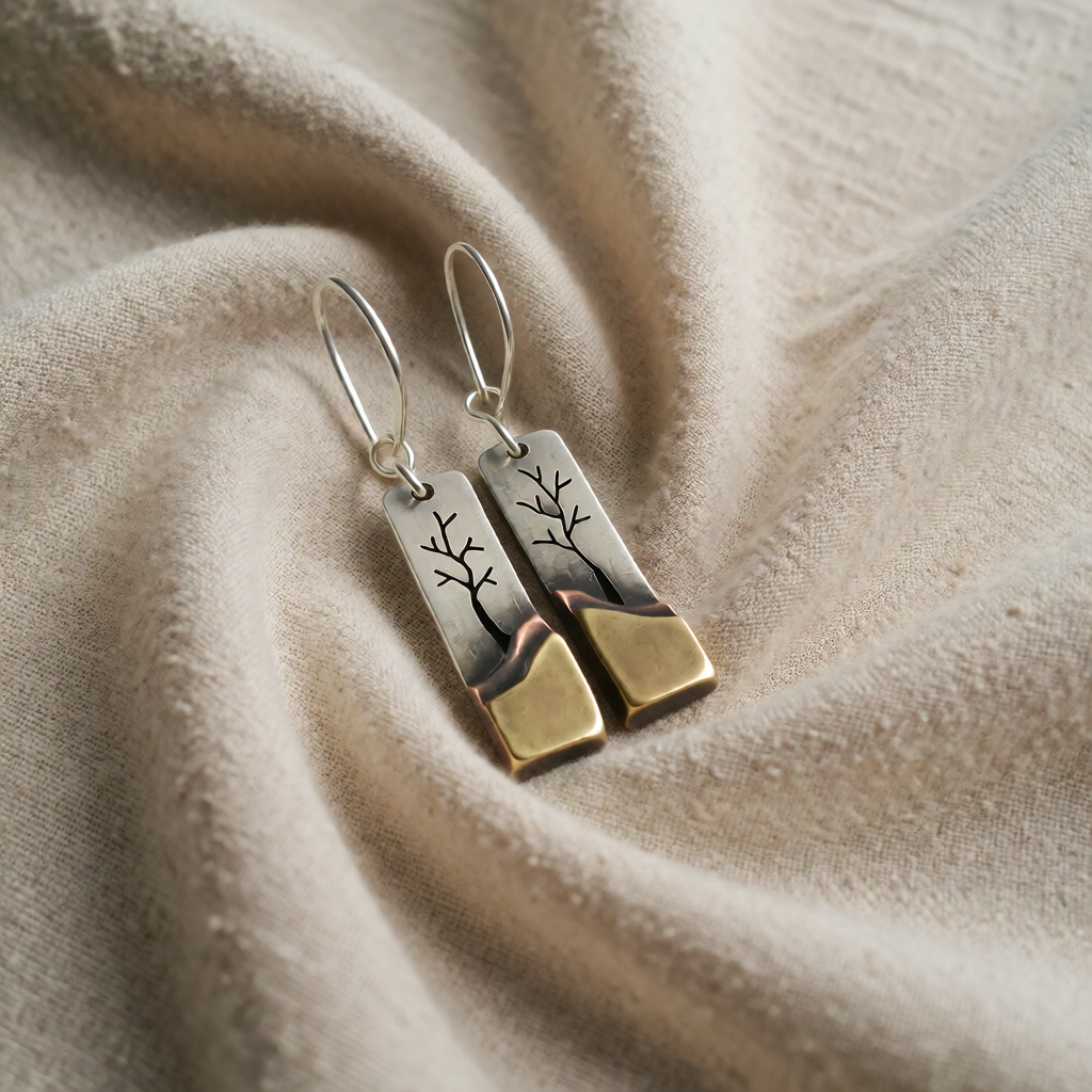 Gold & Silver Drop Earrings Órla with Tree Design