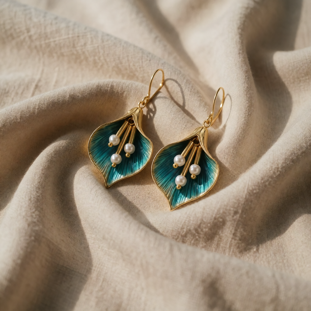 Gold Drop Earrings Deirbhile with Blue Lily and Pearls